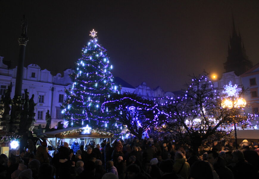 VIDEO: Vilém už září! Vánoční strom na Pernštýnském náměstí rozsvítil své ozdoby